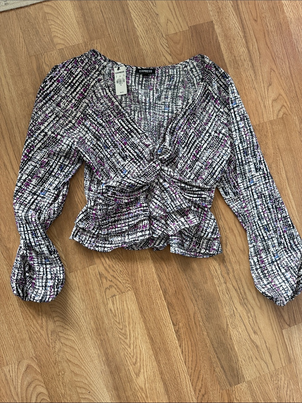 Express Purple & Black Twist-Front Peplum Blouse